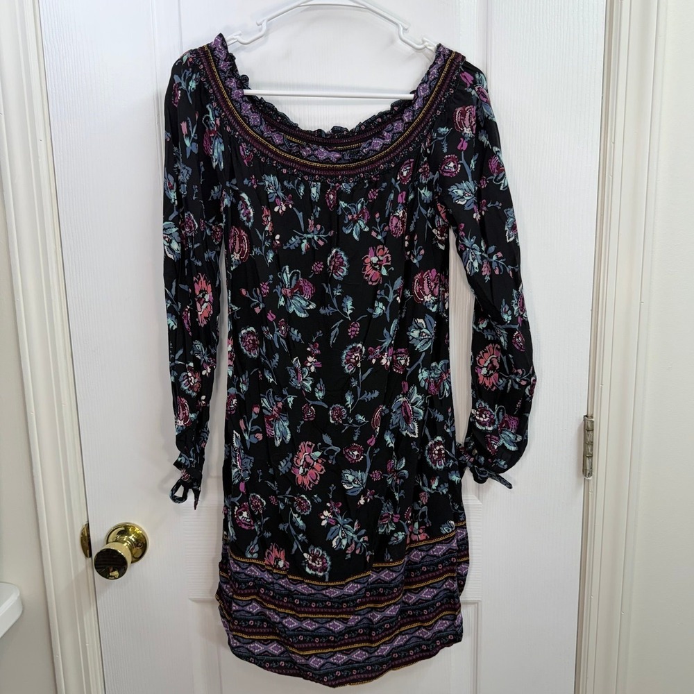 Beach Lunch Lounge black floral off shoulder long sleeve knee casual dress large